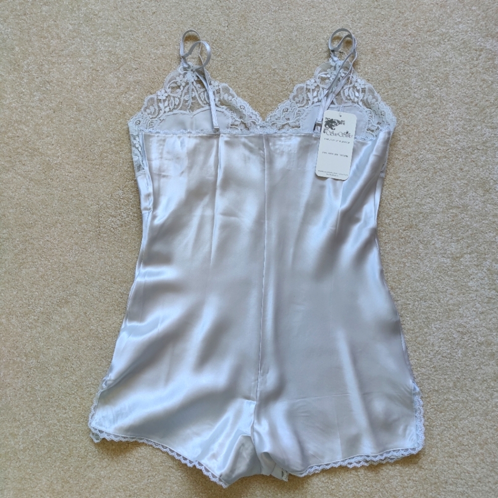NWT Silk Lingerie Romper | Satin Bodysuit/Playsuit with Lace Slit- Gray - Picture 5 of 6
